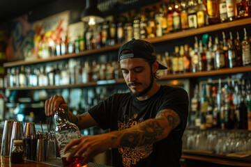 Fototapeta premium Generative AI image of stylish barman or barista working in trendy urban cafe or restaurant interior
