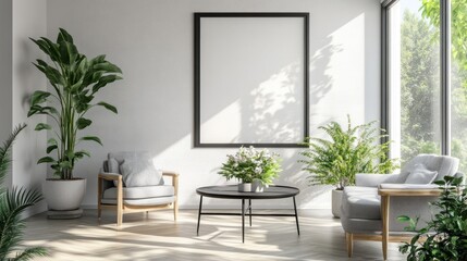 Modern living room with plants and comfortable furniture.