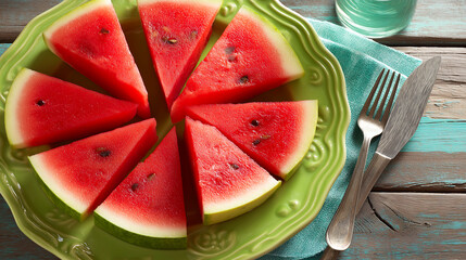 Freshly sliced watermelon arranged on a decorative green plate, showcasing vibrant red fruit with seeds, set on a rustic wooden table with utensils and a glass of water nearby