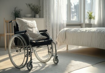 Sitting in a wheelchair, next to it is an empty white bed with a pillow and soft blanket. The bright environment of a home living room