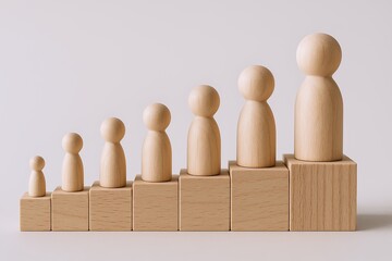 Diverse wooden mannequin figures arranged in ascending order on grey background.
