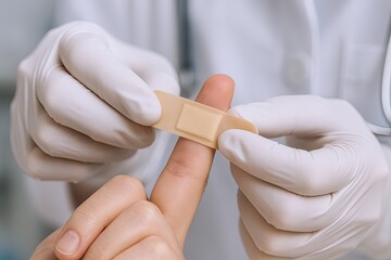 Medical professional applying adhesive bandage on finger in clinical setting healthcare nature.