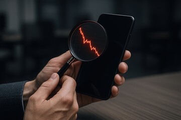 Business person analyzing financial decline with magnifying glass over smartphone in dark office scene.
