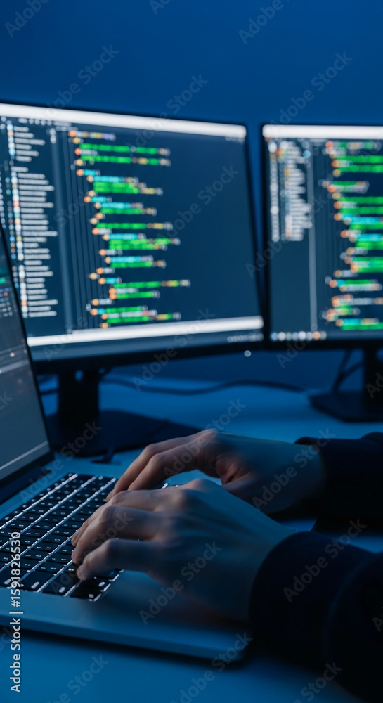 Poster Close-up of hands typing on laptop keyboard, two monitors display code in background, illustrating software development or programming concept