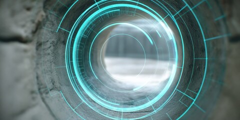 maintenance technical machinery infrastructure concept. Futuristic circular tunnel with glowing digital elements.