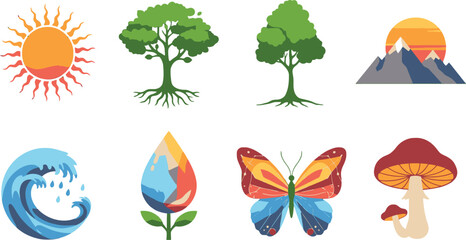 Naklejka premium Vector art of cartoon nature elements including sun, trees, mountains, water, butterfly, and mushrooms isolated on transparent background