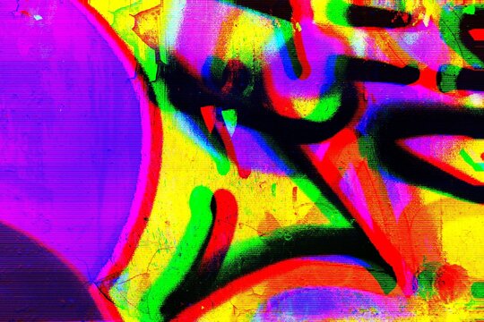 Vibrant graffiti mural with fluorescent pink, yellow, green. Urban 2000s style, acid glow, bold strokes. Street art, digital designs, urban visuals, modern 90s creative art.
