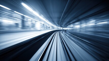 Futuristic city transit scene with motion blur and sleek metallic reflections