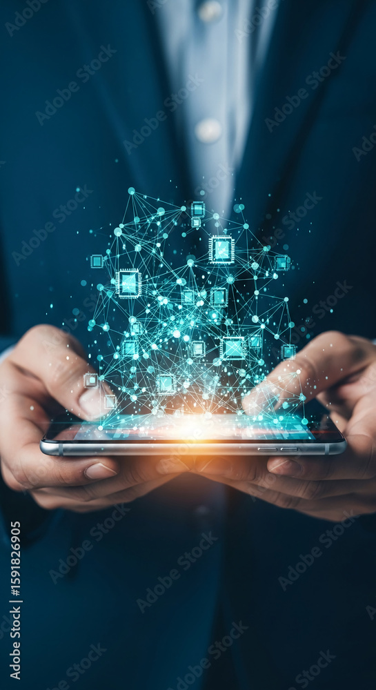 Poster Hands hold smartphone, displaying a network of glowing nodes and connections, symbolizing digital connectivity and technological innovation