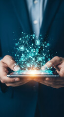 Hands hold smartphone, displaying a network of glowing nodes and connections, symbolizing digital connectivity and technological innovation