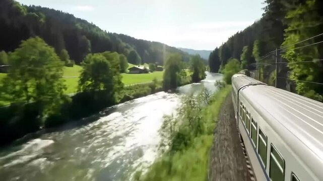 A scenic view of a train traveling alongside a river in a lush green landscape. The sun shines brightly over the hills and trees.