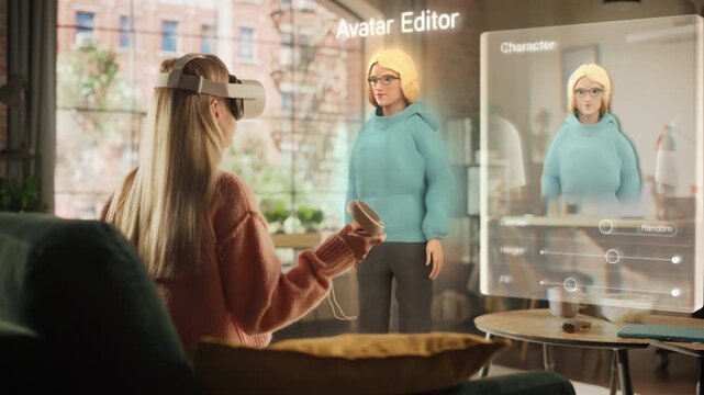 Caucasian Woman Enjoying Time at Home, Sitting on a Couch, Playing a Virtual Reality Game. Female Choosing a Character, Augmented Reality User Interface Showing Different Avatar Options