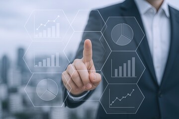 Businessman touching futuristic digital interface with data analysis and charts.