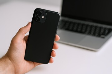 Person Holding Black Smartphone with Laptop in Background Modern Technology Usage.