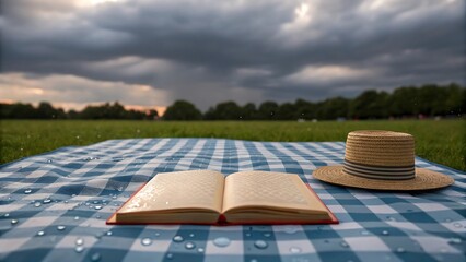 Serene park picnic scene: open book, straw hat, blue gingham blanket, rain-kissed, moody sunset.