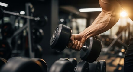 Naklejka premium Close-Up of Male Hand Holding Dumbbell in Gym During Workout