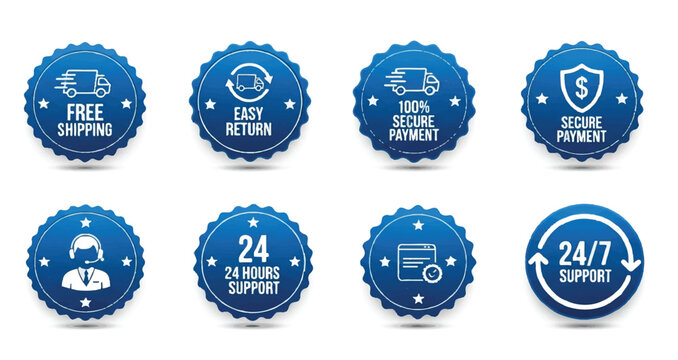 Set of "Free Shipping", "Easy Return", "100% Secure Payment" and "24/7 Support" badges on white background