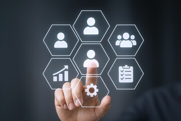 Modern digital interface with hexagon icons for data analysis and management.
