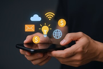 Modern handheld smartphone with digital icons representing technology communication and innovation.