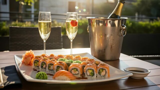 Sushi Delight: Gourmet sushi platter paired with chilled champagne on an elegant outdoor dining table in golden hour light.