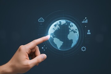 Human hand pointing towards digital globe with data icons and technology background.
