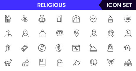 Religious vector web line icon collection, sleek illustrations of symbols, prayers, sacred texts, worship for spiritual, reverent designs.