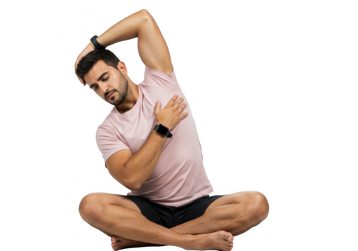 A man performing a side stretch while sitting in a yoga pose, isolated on a transparent background