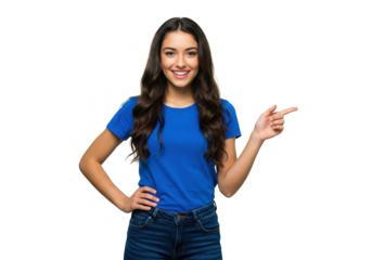 A young woman in a blue shirt and jeans smiles and points to the side, isolated on a transparent background