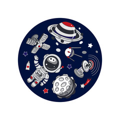 Astronaut, planet, moon, stars, satellite. All enclosed in a circle. Hand drawn vector illustration. For Cosmonautics Day cards, banners, posters, covers, tickets, invitations.