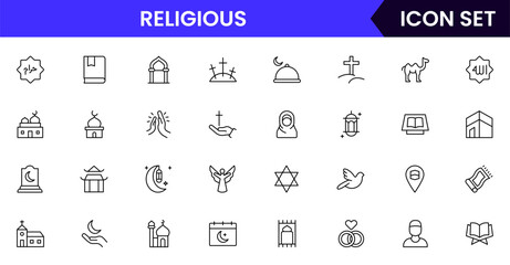 Religious vector web line icon collection, sleek illustrations of symbols, prayers, sacred texts, worship for spiritual, reverent designs.