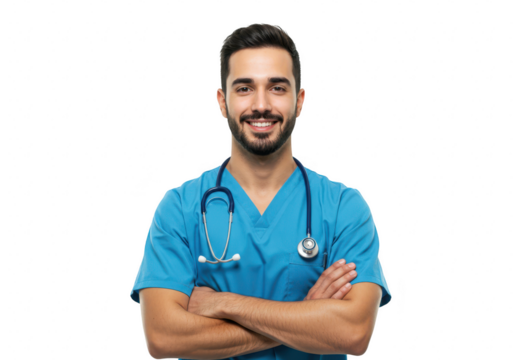 A smiling male doctor in blue scrubs and a stethoscope stands with crossed arms, isolated on a transparent background
