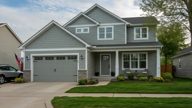 Modern American home with a two-car garage showcases charming curb appeal and comfortable suburban living in a beautiful neighborhood.