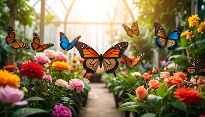 Colorful butterflies flit through a greenhouse filled with vibrant flowers
