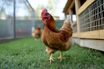 Free-range hens enjoy grass in a spacious coop during a sunny day