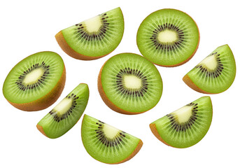 Fototapeta premium Several slices of fresh kiwi fruit are artfully arranged, showcasing their vibrant green color and texture on a transparent background