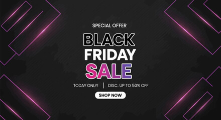 Black Friday sale with special offers  on a dark background design with geometric lights.