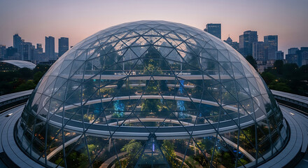 Obraz premium Futuristic Glass Dome Greenhouse A Botanical Garden Oasis Against a Cityscape Backdrop, Blending Nature and Architectural Design