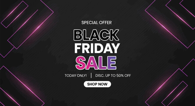 Black Friday sale with special offers  on a dark background design with geometric lights.