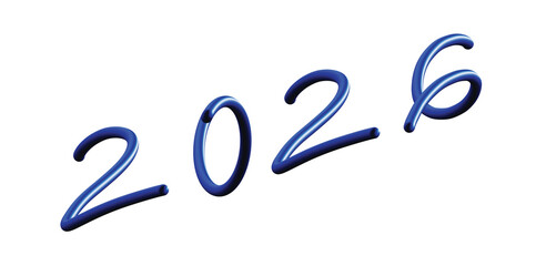 2026 Glossy Blue 3D Handwritten Typography. Fun Stylized Year. Transparent PNG File.