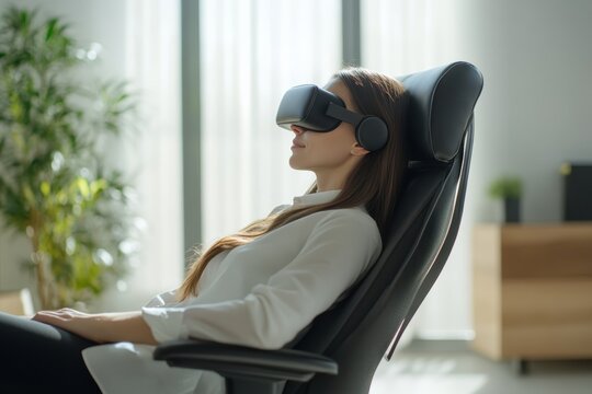 Businesswoman finds relaxation in office after a long workday using virtual reality - Powered by Adobe