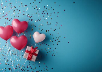 Valentine's Day background with heart-shaped balloons, gift box, and confetti on a blue backdrop. Valentine's Day celebration banner template with copy space for text