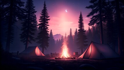 Enchanting Nighttime Camping Experience with Tents and Bonfire Under Moonlit Forest Sky