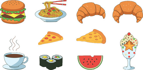 Vector art of a tempting array of cartoon fast food, desserts, and beverages isolated on transparent background