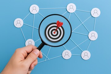Business networking concept with connected people and target goal magnifying glass.