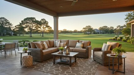 Luxury outdoor living on patio, rattan furniture offers resort view, featuring sectional sofa, armchair, perfect for relaxation in upscale home during daytime.