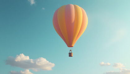 Fototapeta premium A colorful hot air balloon floats serenely in a bright blue sky with scattered white clouds.