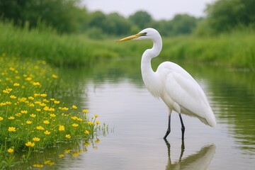 Naklejka premium Large White Egret Standing in Shallow Water Near Yellow Dandelions and Green Grass.