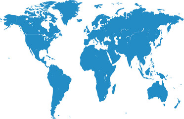 World map in blue on white background