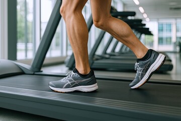 Naklejka premium Close-up of athletic legs and feet running on treadmill in modern gym setting.