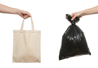 A hand holds a beige canvas tote bag next to a hand holding a full black plastic garbage bag, symbolizing a choice between sustainability and waste isolated on transparent background